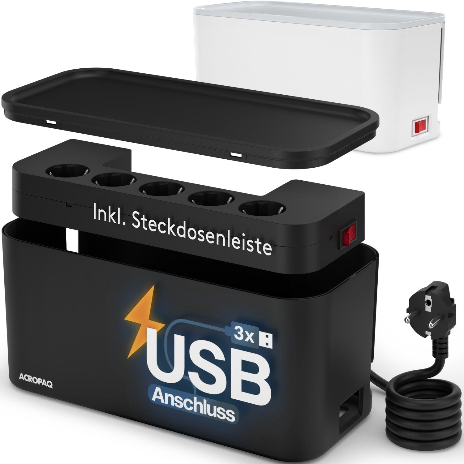 acropaq-kabelbox-schwarz-mit-steckdose-5-fach-3x-usb-a image 1