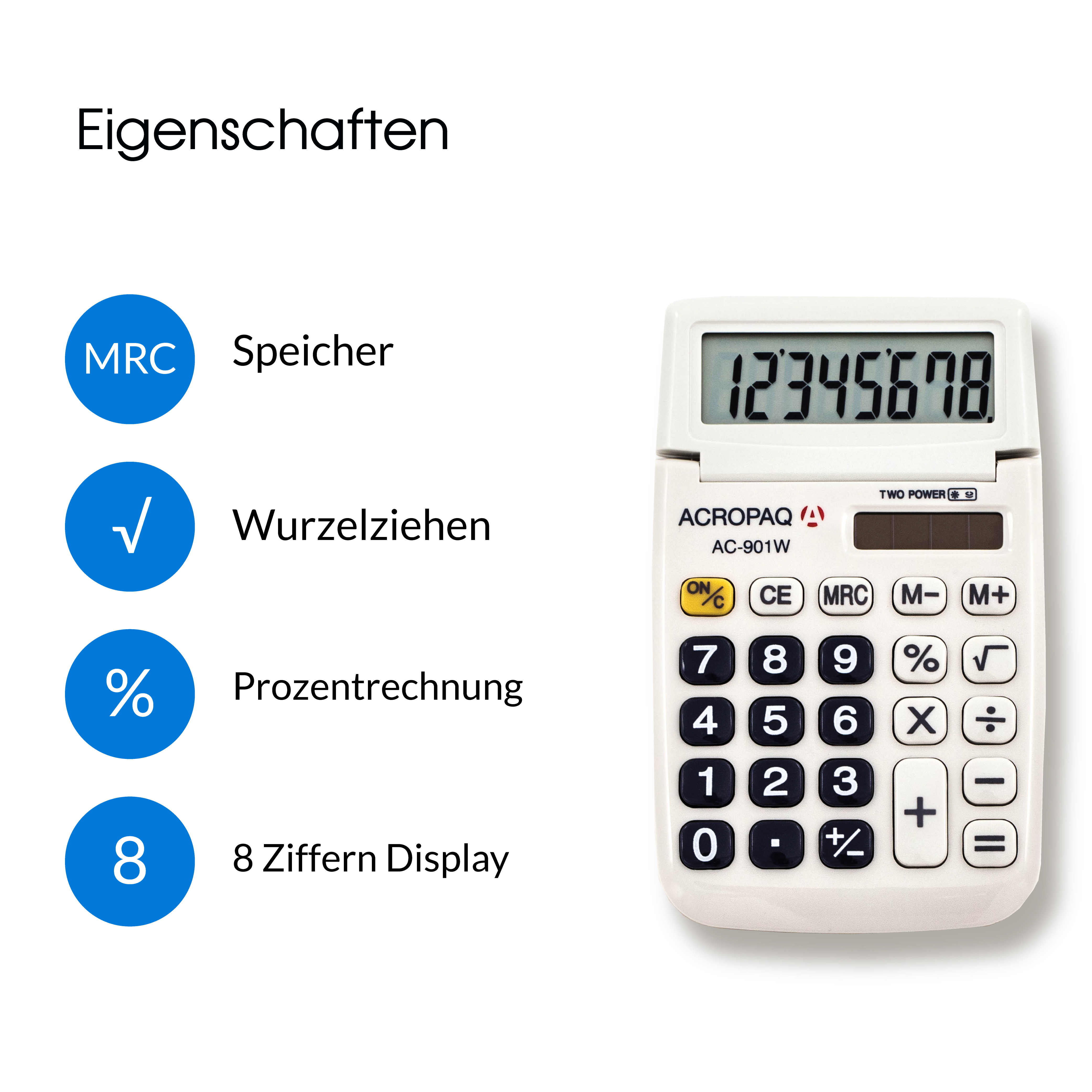 acropaq-taschenrechner-8-stellig-lc-display-wei-dual-power image 3