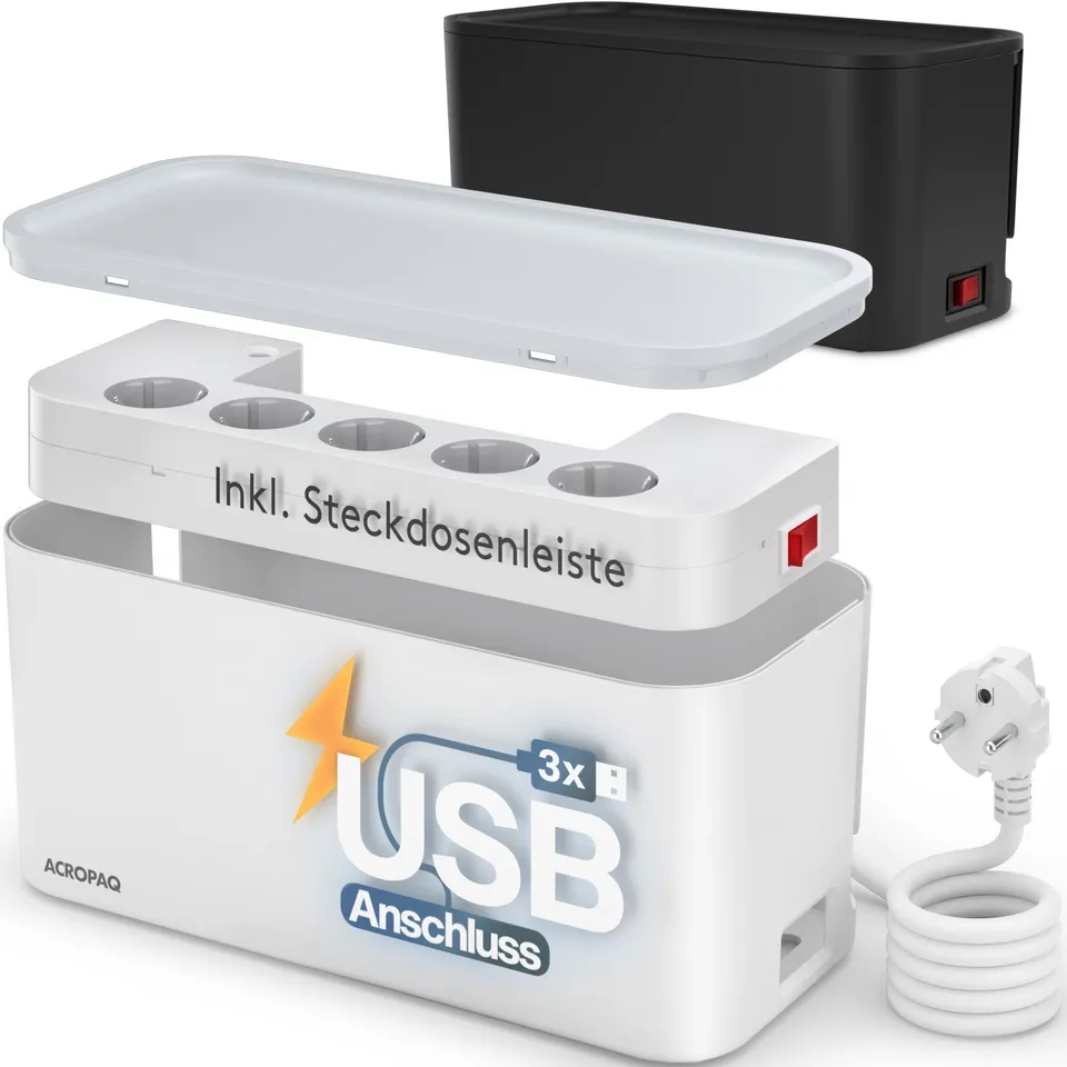 acropaq-kabelbox-wei-mit-steckdosenleiste-5-fach-usb image 1